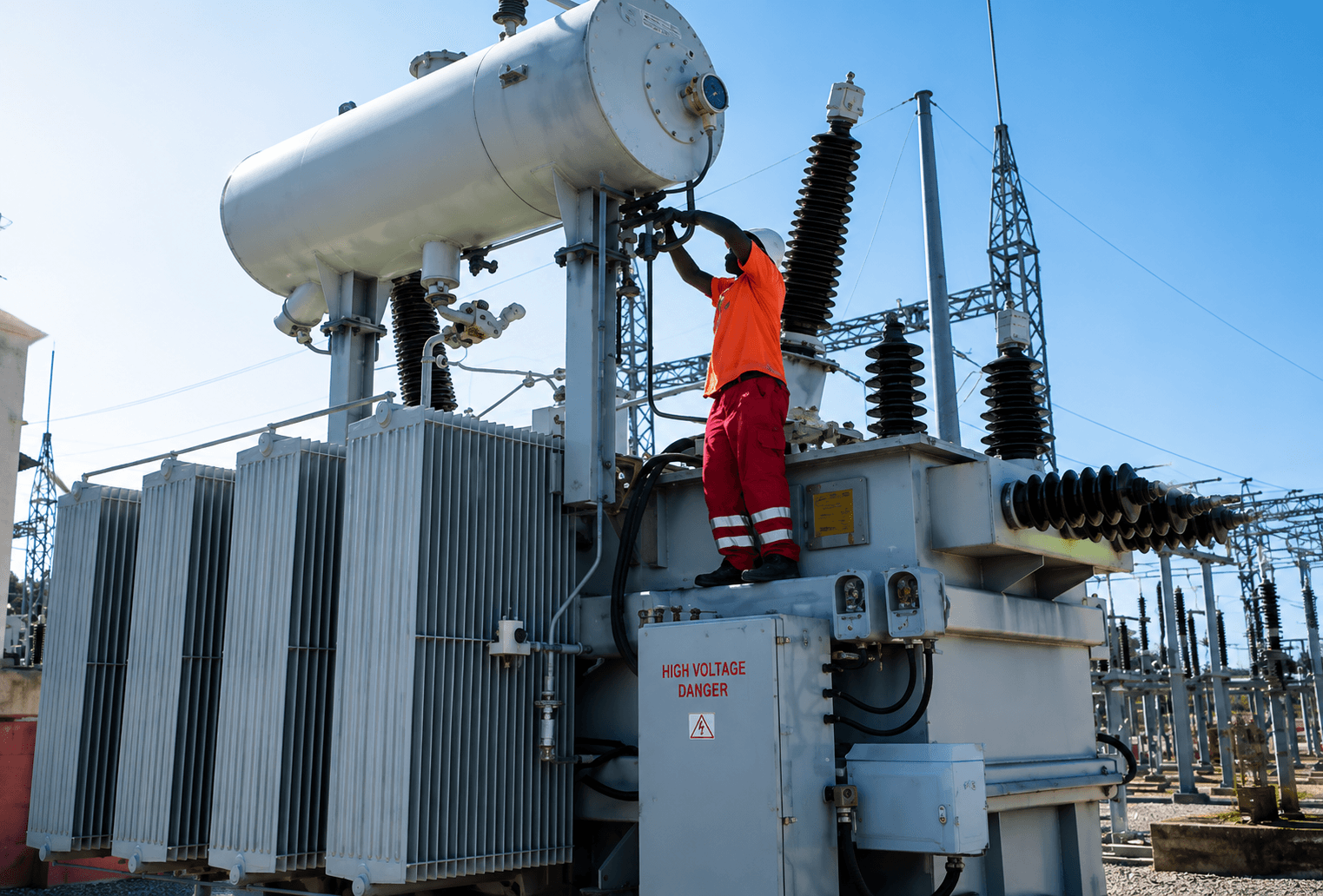 Hydrocom technician installing a high-voltage substation transformer in Ghana